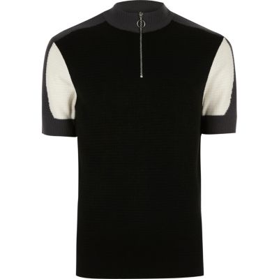 Dark grey colour block turtleneck polo shirt